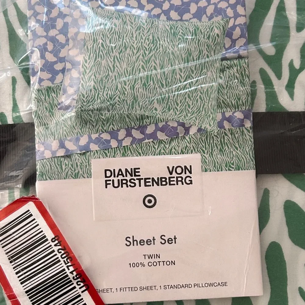 NWTDiane Von Furstenberg Green ‘Disco 🪩 Zebra 🦓’ Print 💯 Cotton Sheet Set